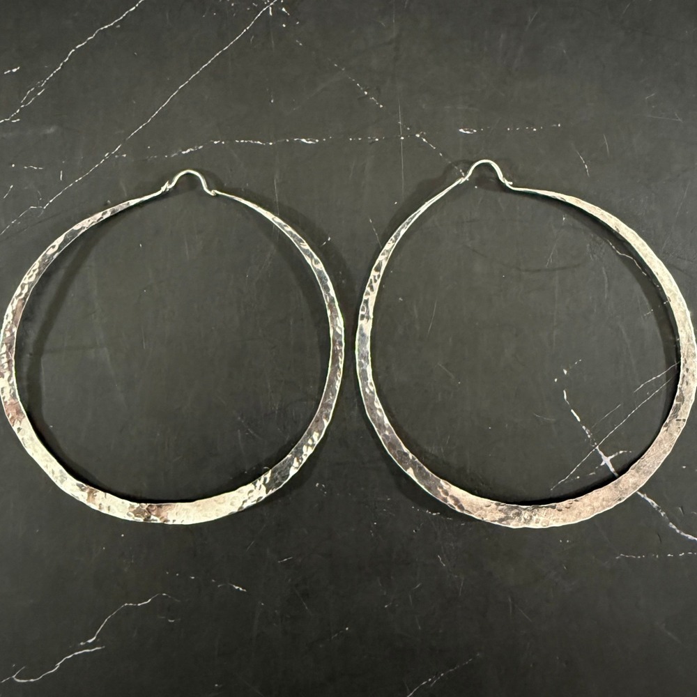 Vintage Sterling Silver Thin Hammered 3in Diameter Hoop Earrings